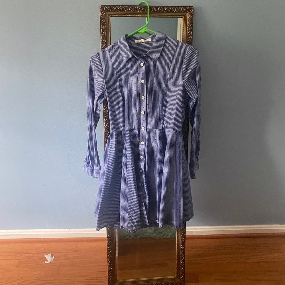 Blue and white striped with red dots